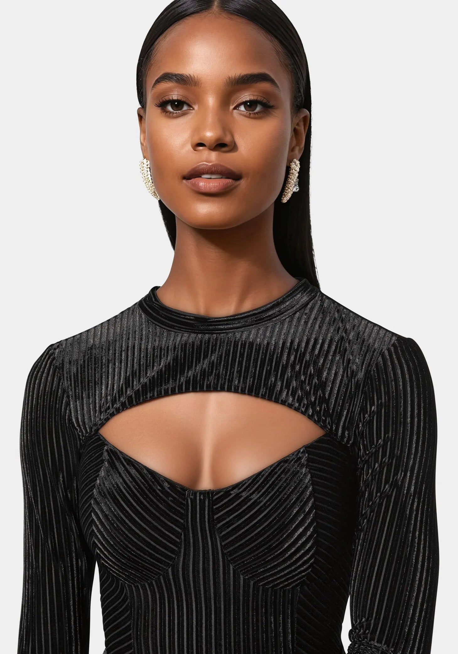 Shadow Stripe Velour Cutout Knit Bodysuit_108576_BLACK_04