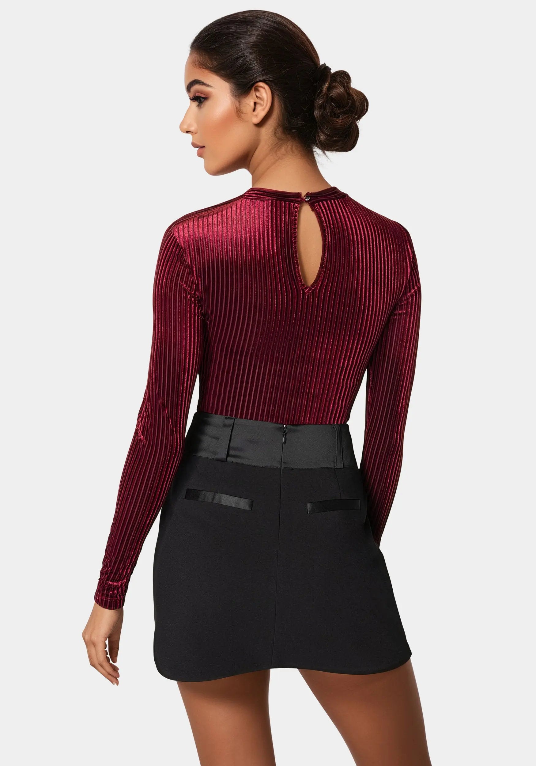 Shadow Stripe Velour Cutout Knit Bodysuit_108576_BURGUNDY_03