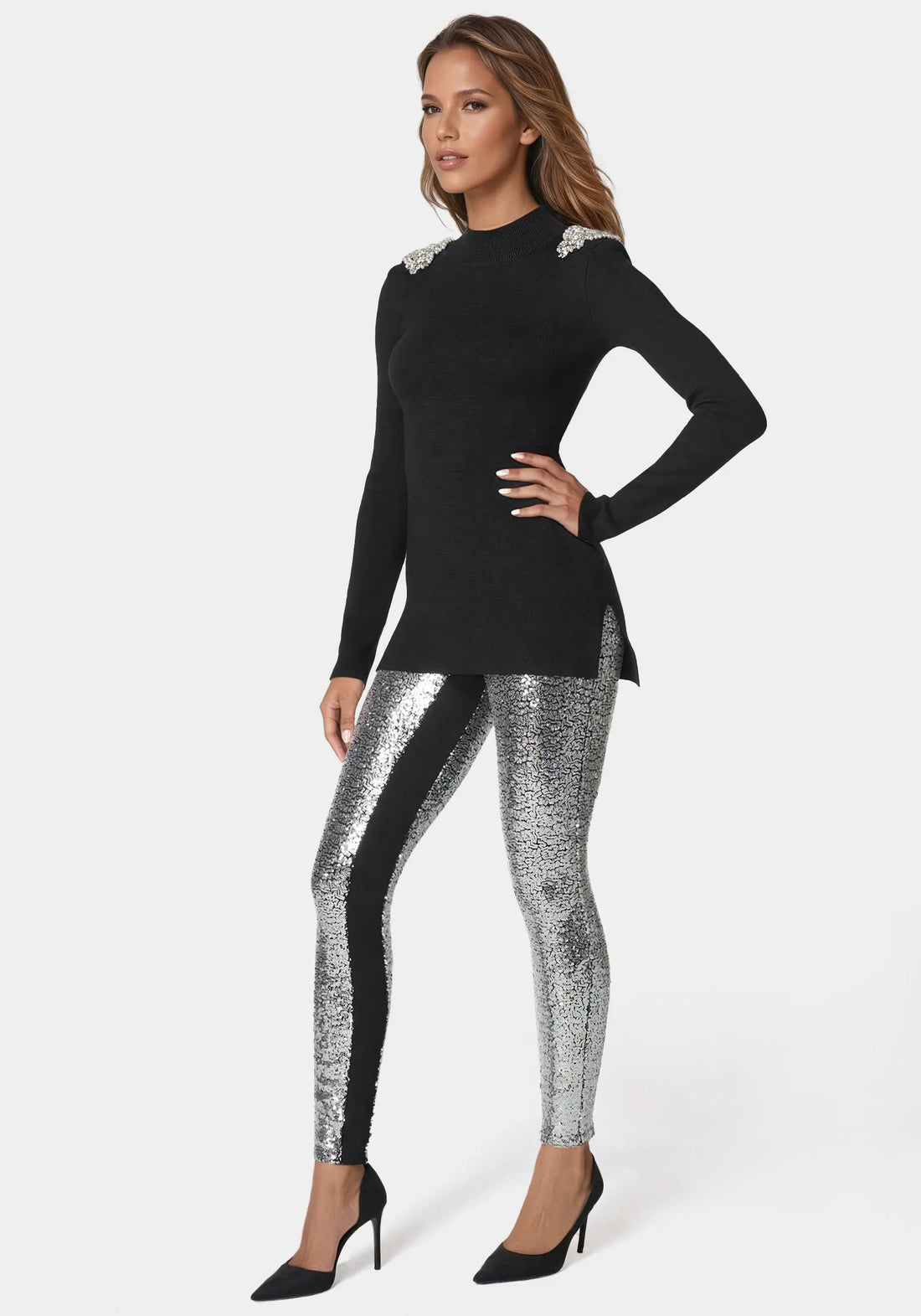 Satin Elastic Waistband Sequin Legging_108596_SILVER_01