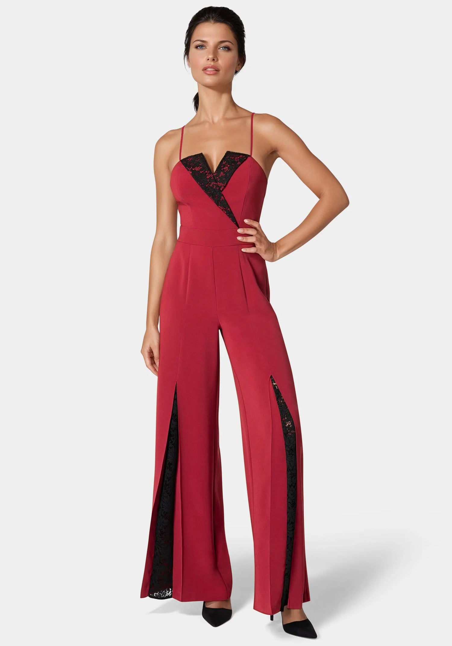 Tuxedo Lace Combo Ultra Wide Leg Jumpsuit_108600_BIKING RED - BLACK_01