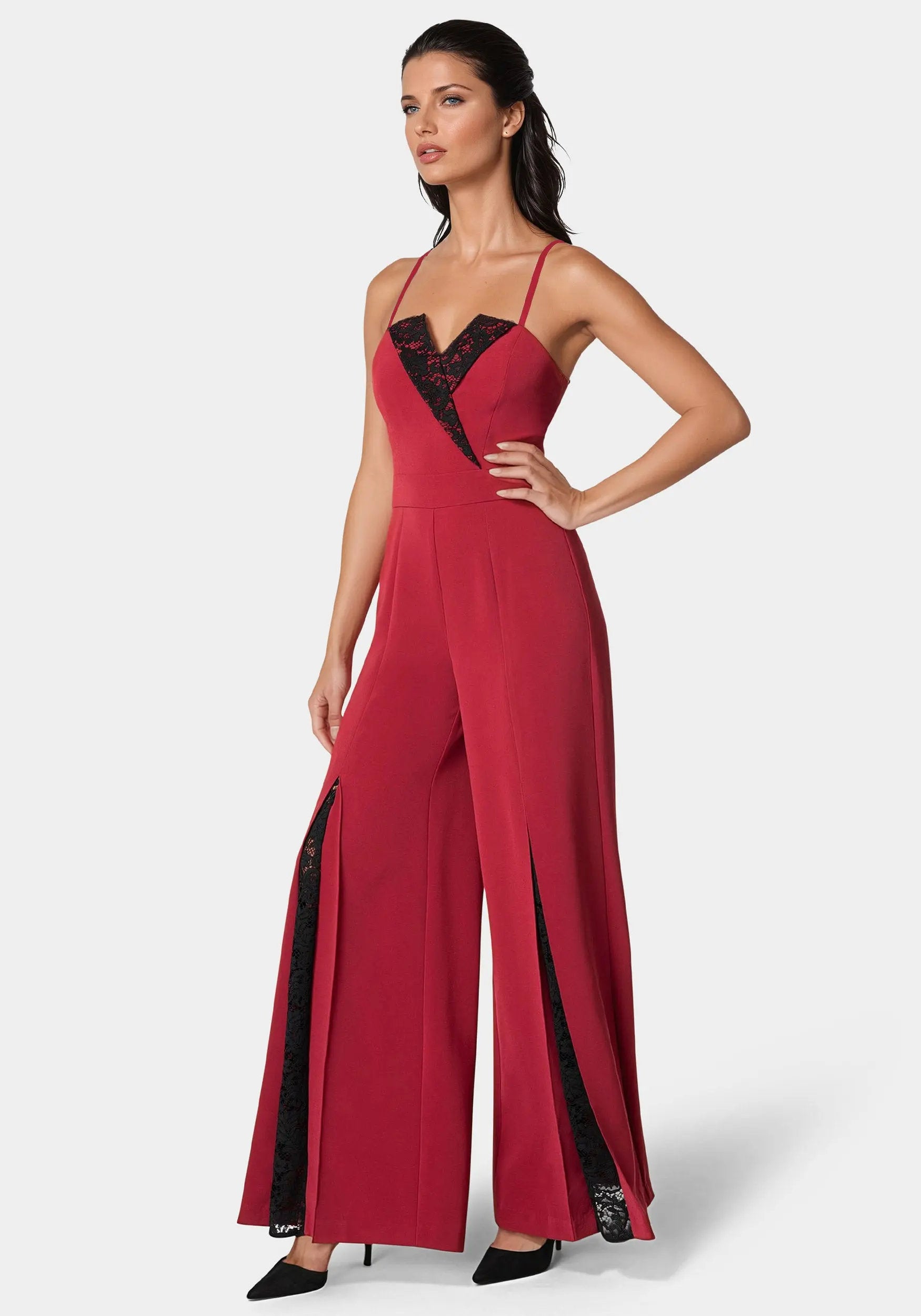 Tuxedo Lace Combo Ultra Wide Leg Jumpsuit_108600_BIKING RED - BLACK_02