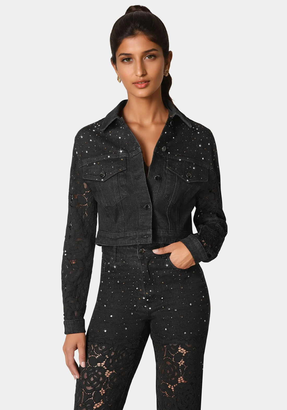 Drop Shoulder Embellished Lace Denim Jacket_108602_WASH OUT BLACK WASH - BLACK_01