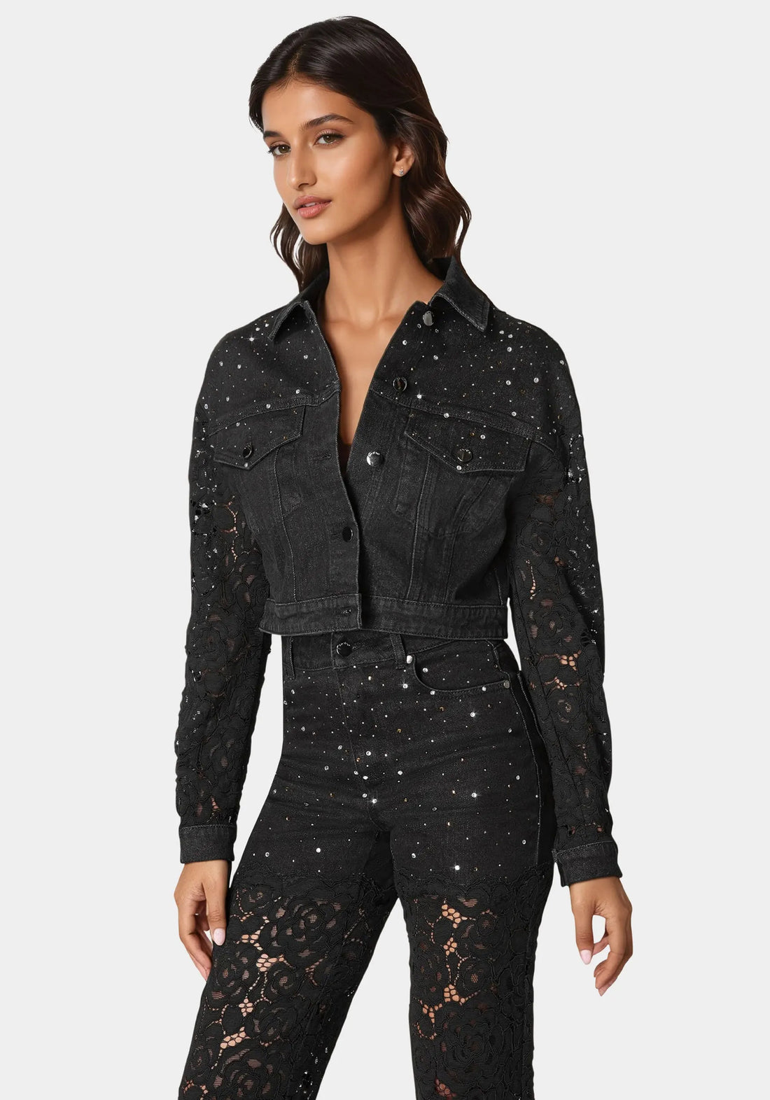 Drop Shoulder Embellished Lace Denim Jacket_108602_WASH OUT BLACK WASH - BLACK_02