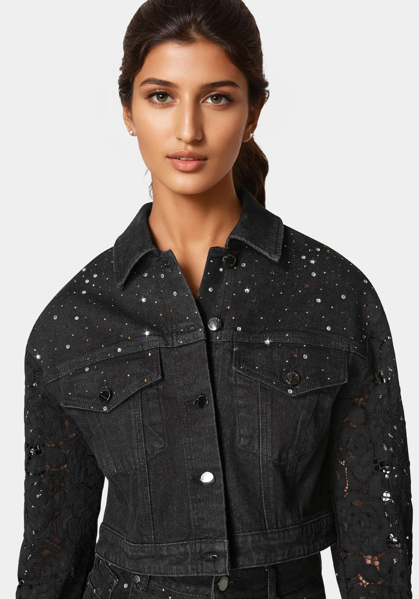 Drop Shoulder Embellished Lace Denim Jacket_108602_WASH OUT BLACK WASH - BLACK_04