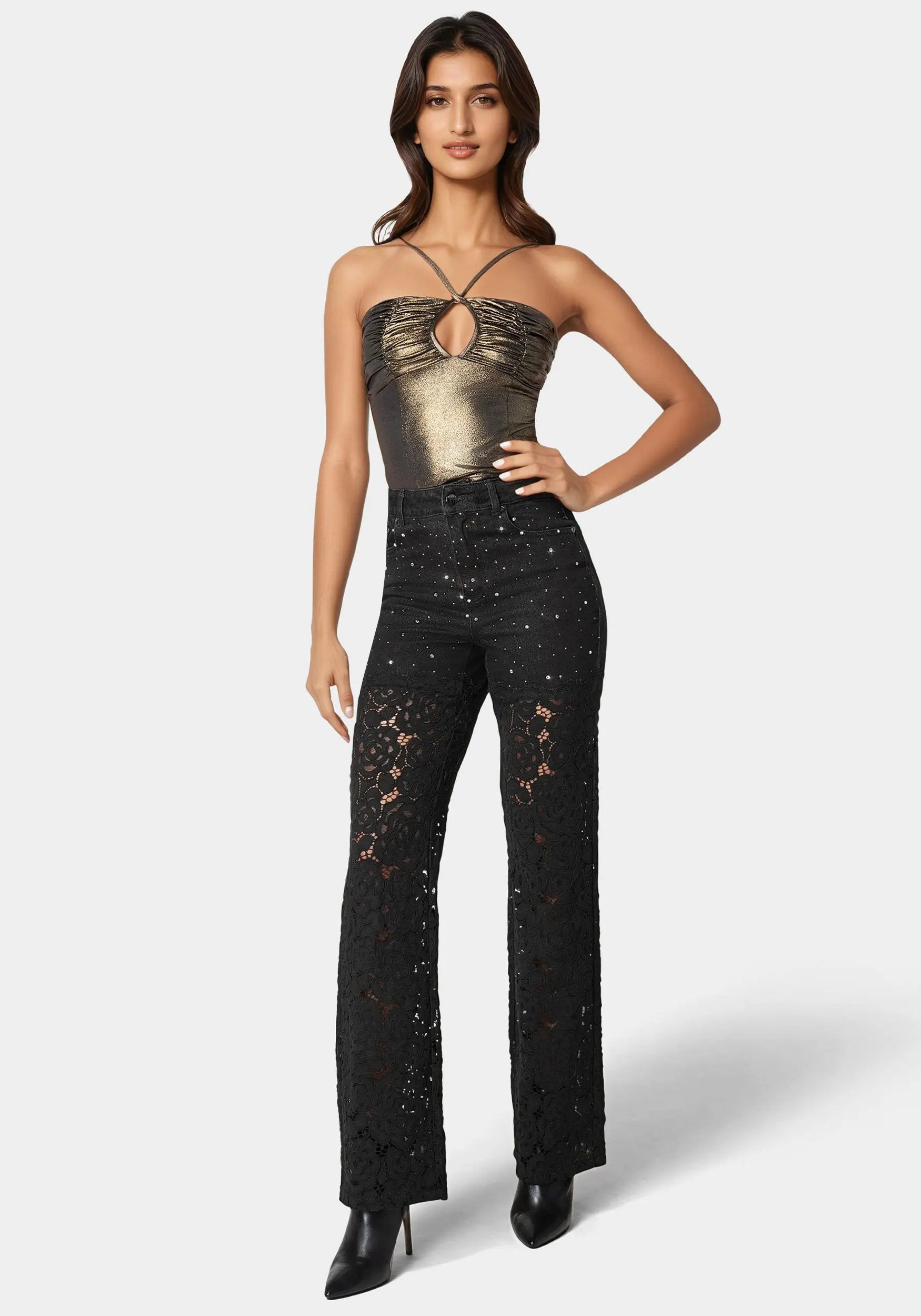 High Waist Embellished Lace Wide Leg Jeans_108603_WASH OUT BLACK WASH - BLACK_01
