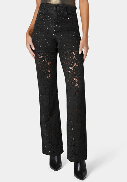 High Waist Embellished Lace Wide Leg Jeans_108603_WASH OUT BLACK WASH - BLACK_02