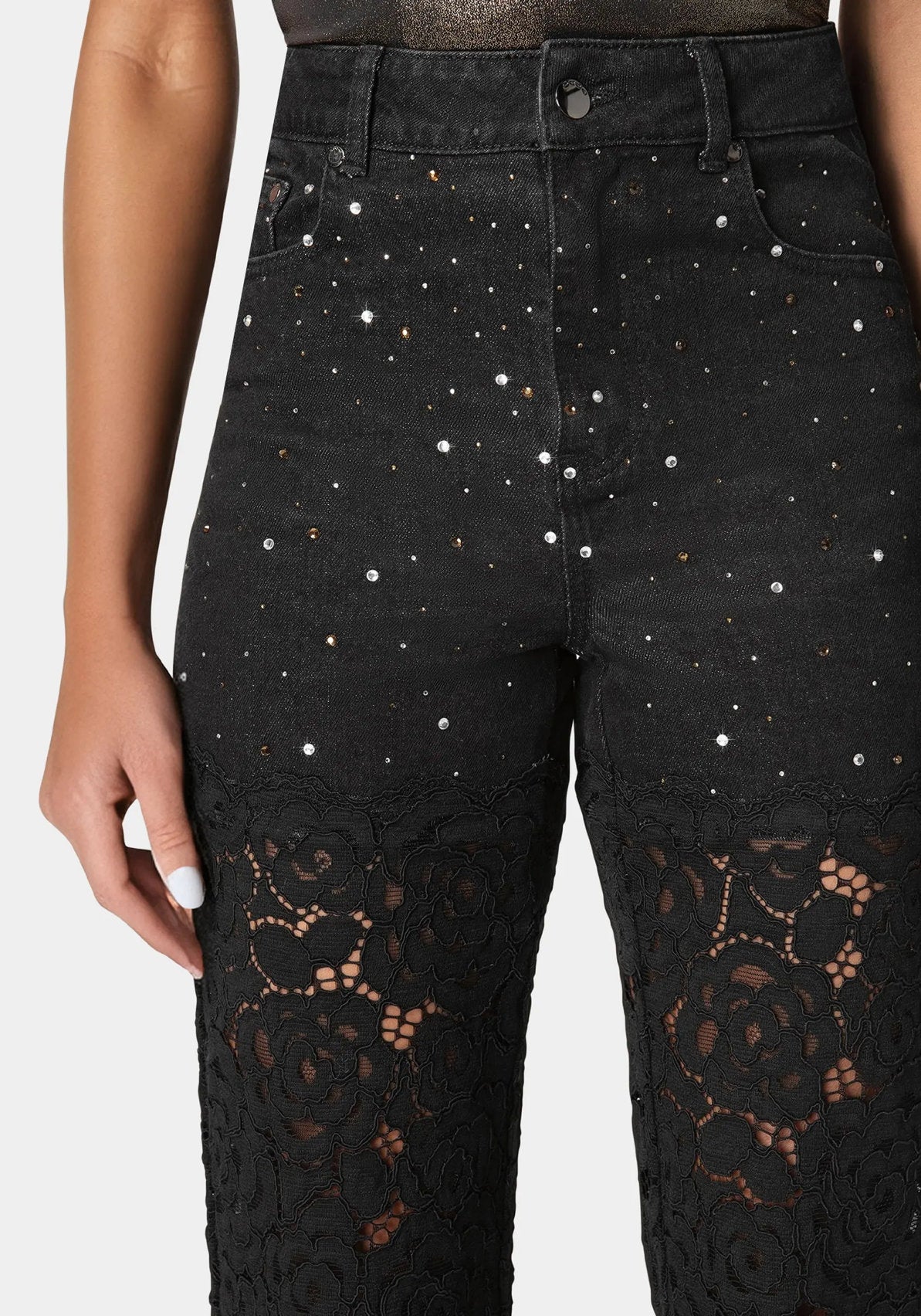 High Waist Embellished Lace Wide Leg Jeans_108603_WASH OUT BLACK WASH - BLACK_04