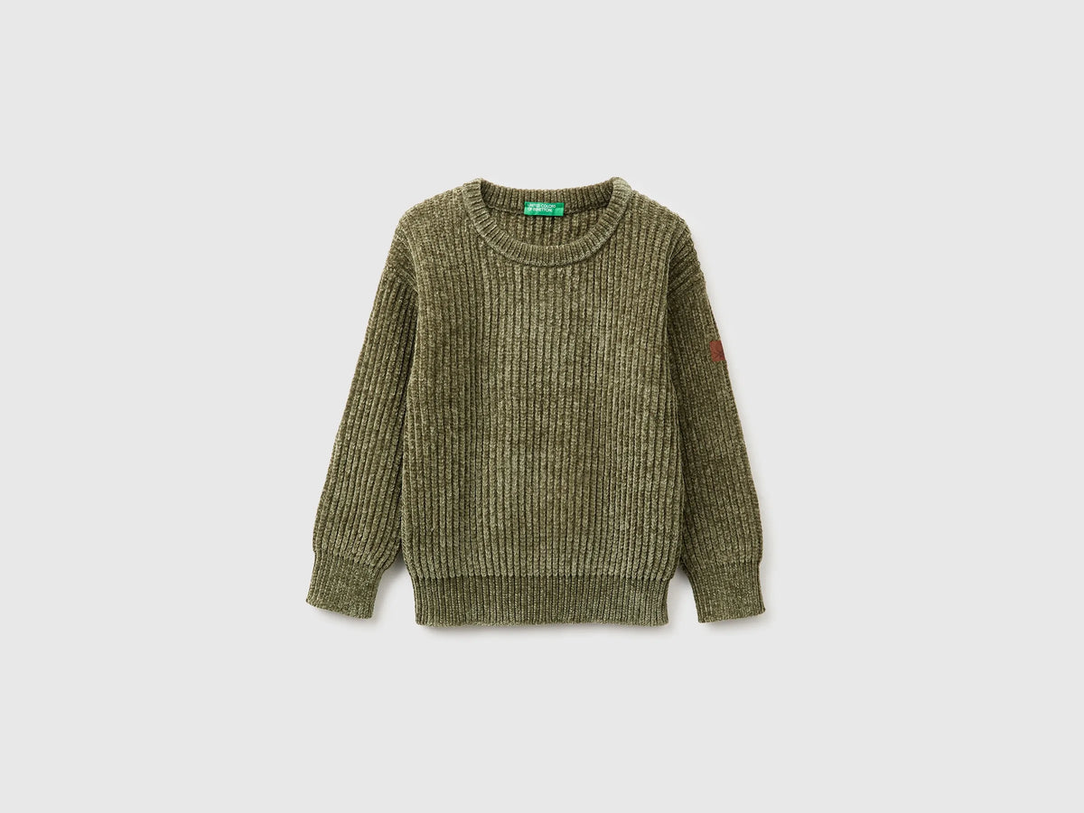 Benetton Military Green Boys Chenille Crew Neck Sweater SKU: 117KG101C_07N Image 01