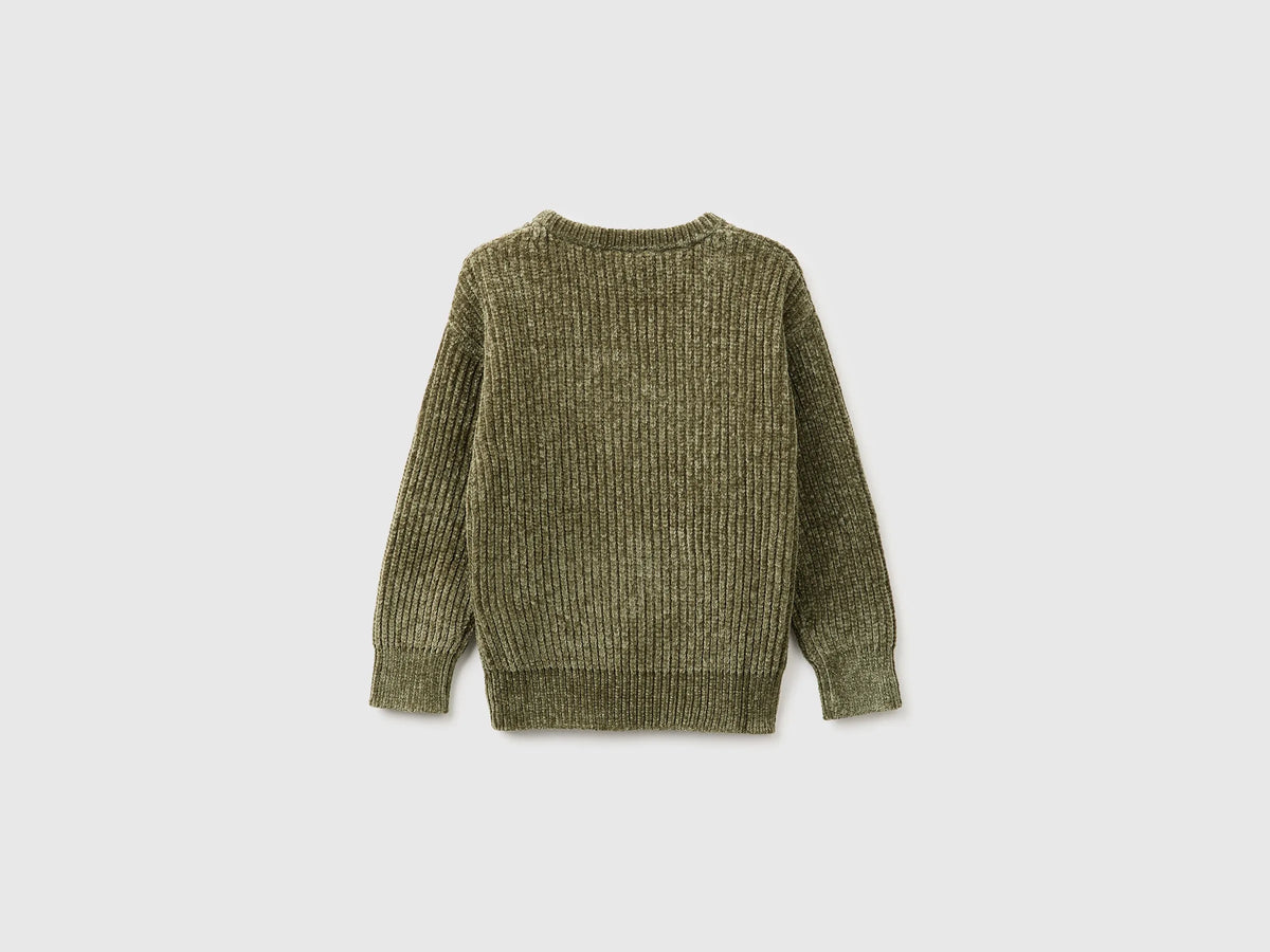 Benetton Military Green Boys Chenille Crew Neck Sweater SKU: 117KG101C_07N Image 02