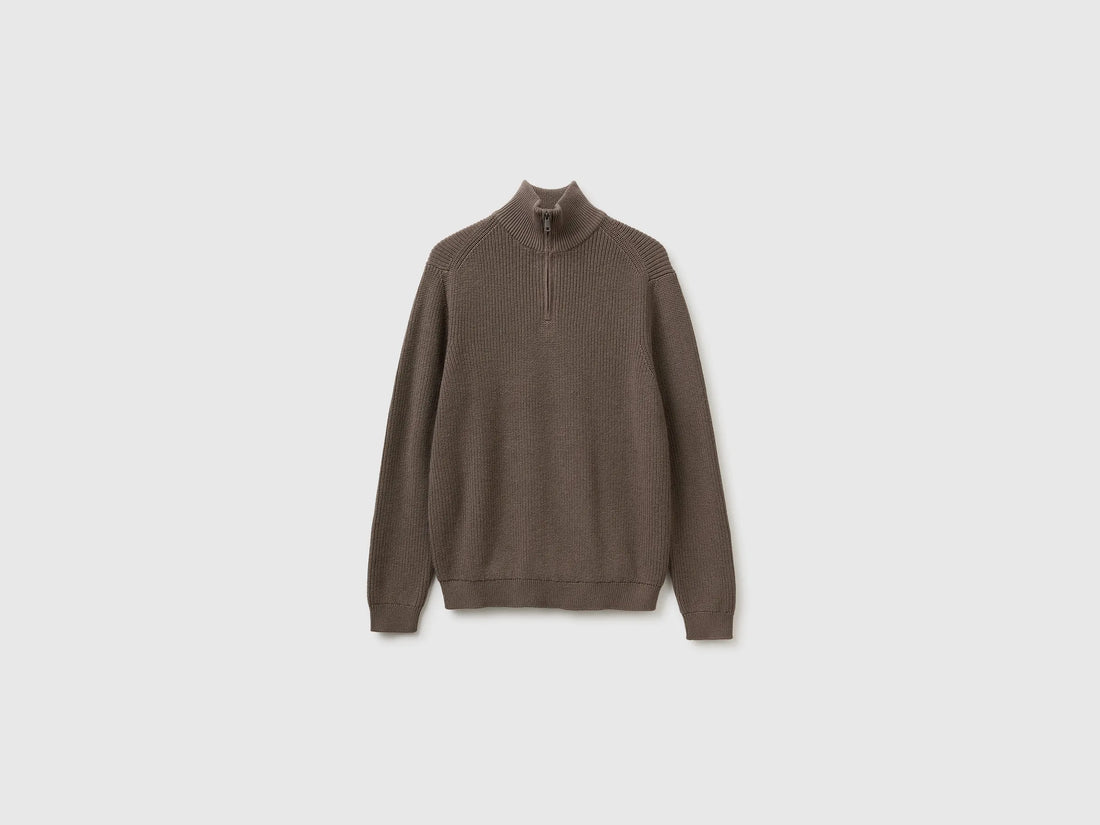 Benetton Dove Gray Men Mock Neck Sweater with Half Zip SKU: 12D5U202D_17K Image 01
