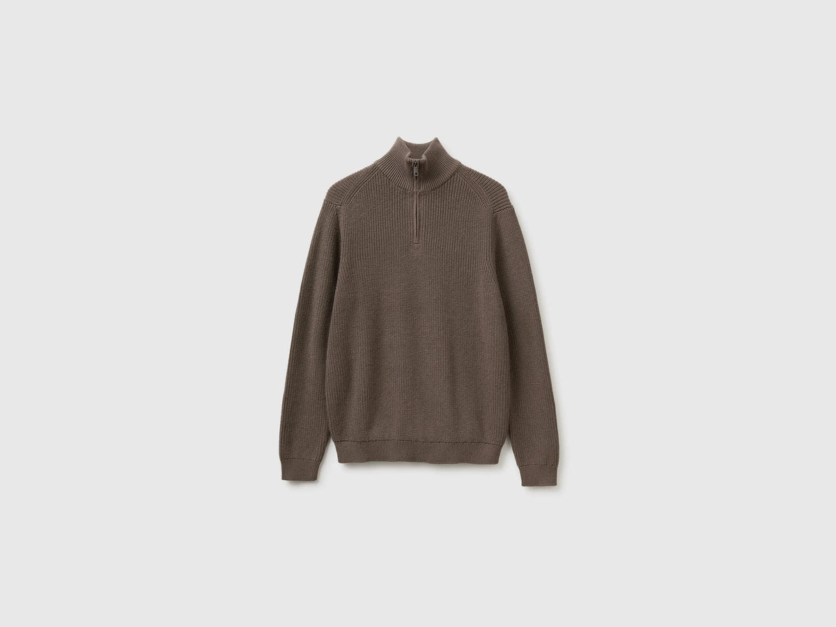Benetton Dove Gray Men Mock Neck Sweater with Half Zip SKU: 12D5U202D_17K Image 01