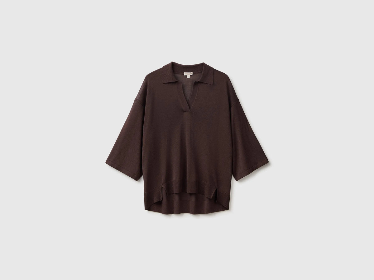 Benetton Brown Women Bamboo Viscose Blend Knit Polo Shirt SKU: 13I8D301P_33T Image 01