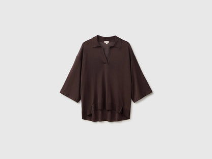 Benetton Brown Women Bamboo Viscose Blend Knit Polo Shirt SKU: 13I8D301P_33T Image 01