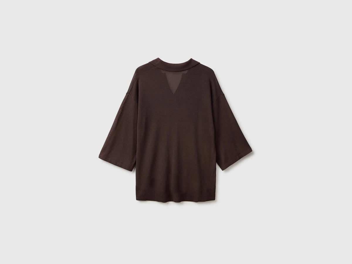Benetton Brown Women Bamboo Viscose Blend Knit Polo Shirt SKU: 13I8D301P_33T Image 02
