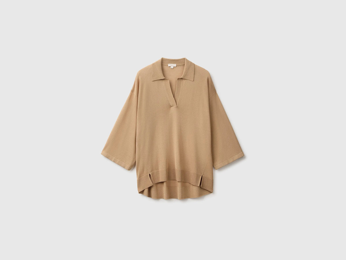 Benetton Beige Women Bamboo Viscose Blend Knit Polo Shirt SKU: 13I8D301P_33Y Image 01