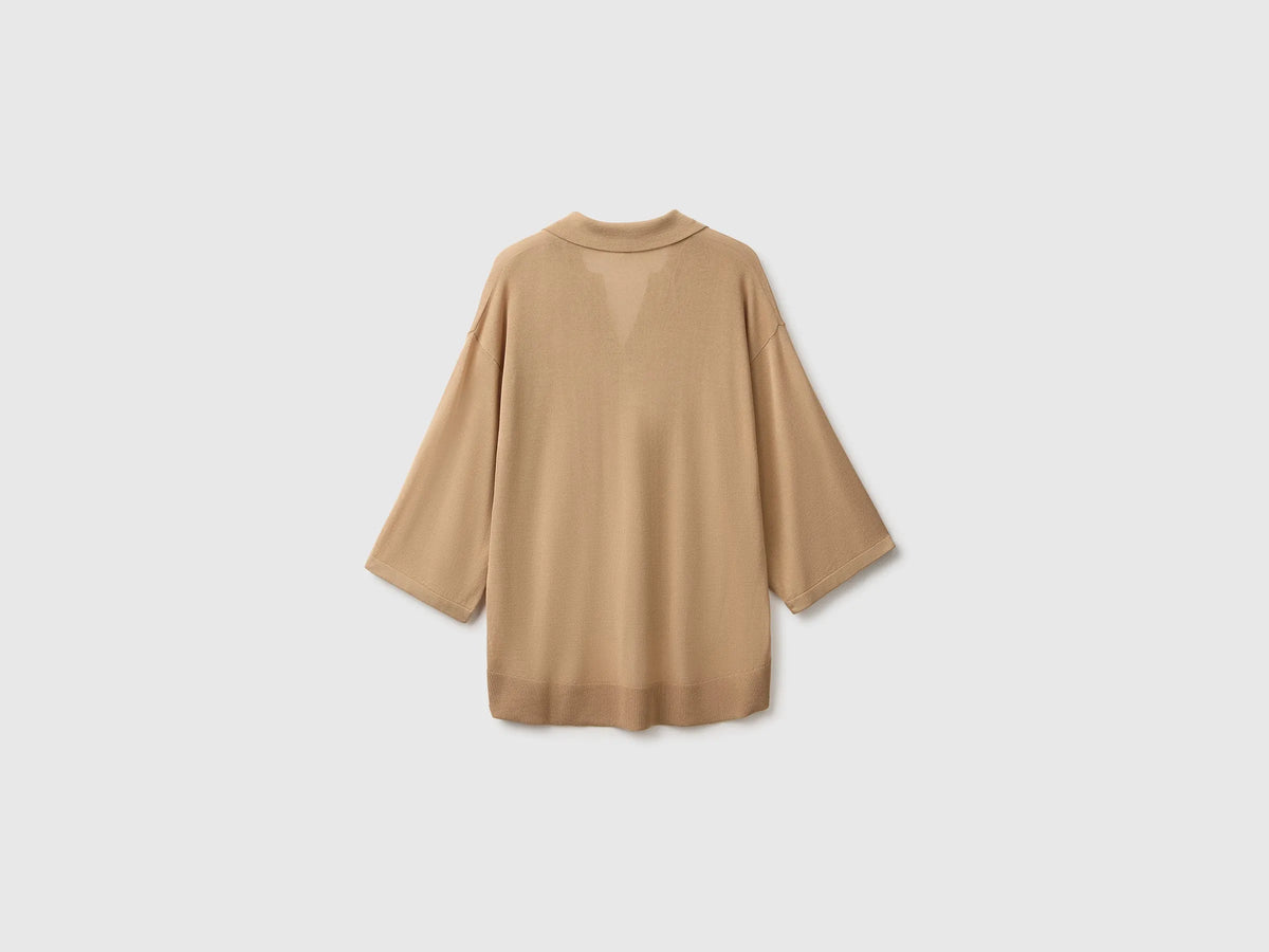 Benetton Beige Women Bamboo Viscose Blend Knit Polo Shirt SKU: 13I8D301P_33Y Image 02