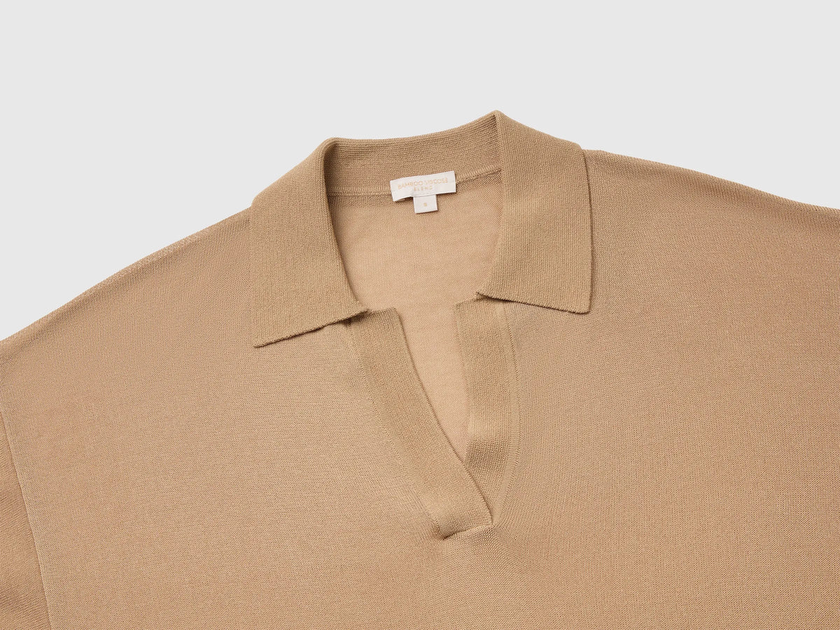 Benetton Beige Women Bamboo Viscose Blend Knit Polo Shirt SKU: 13I8D301P_33Y Image 03