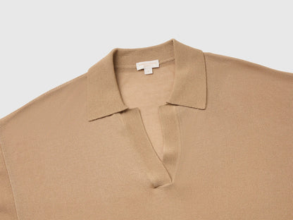 Benetton Beige Women Bamboo Viscose Blend Knit Polo Shirt SKU: 13I8D301P_33Y Image 03