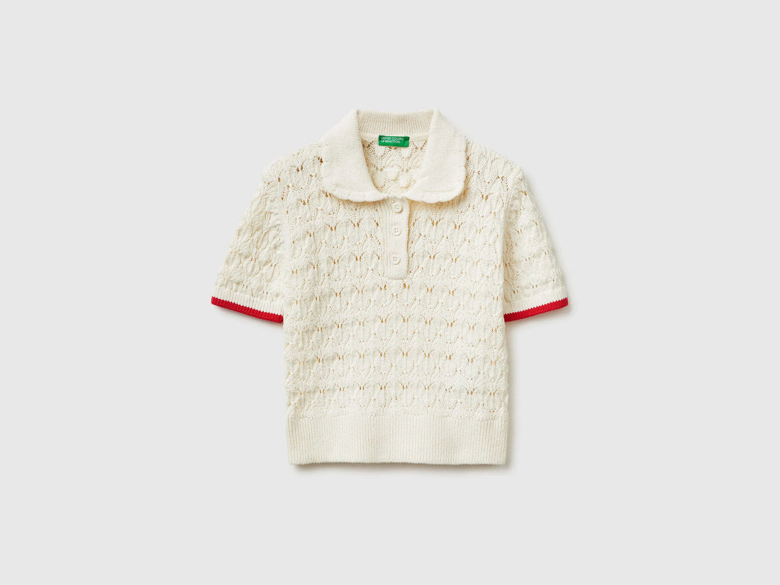 Benetton Creamy White Girls Knitted Polo Shirt SKU: 13KNQ300A_074 Image 01