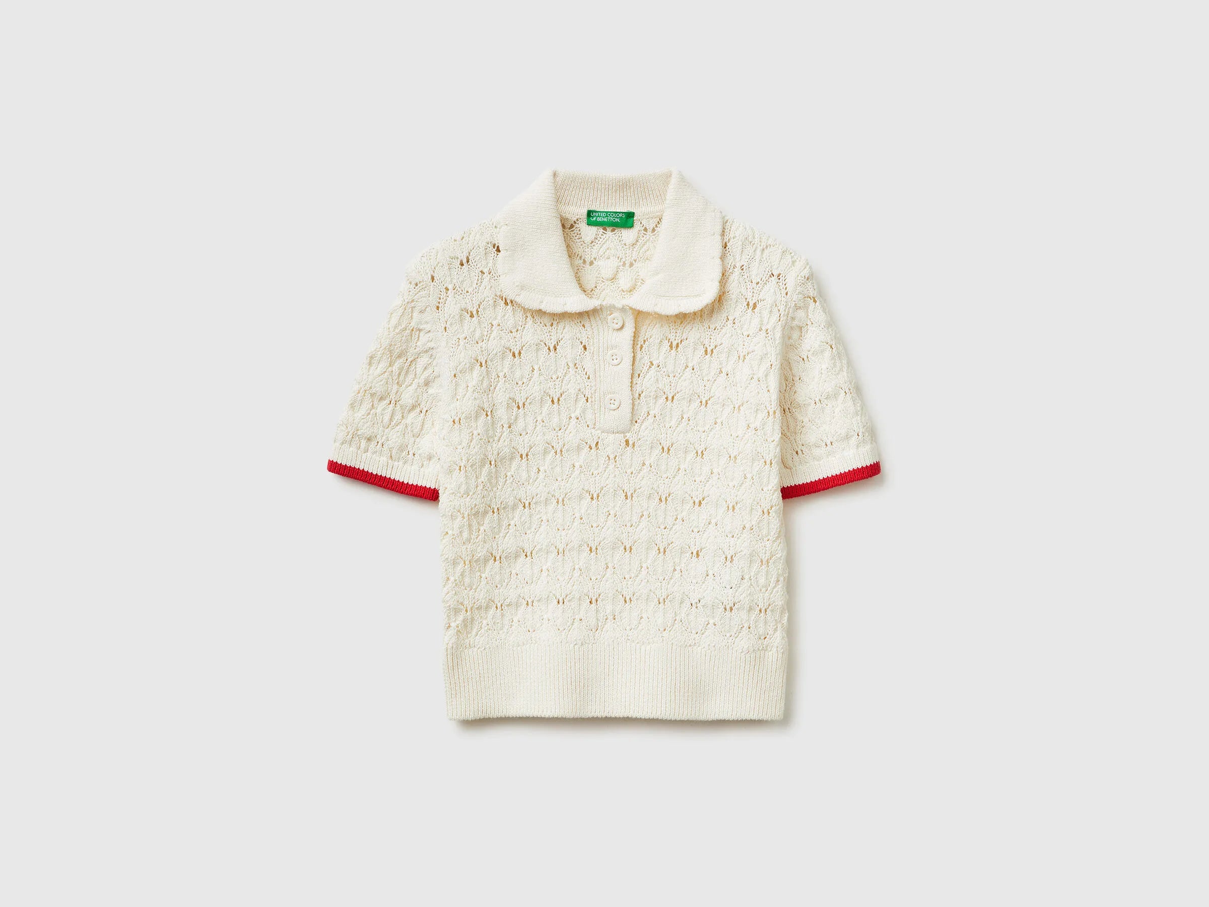 Benetton Creamy White Girls Knitted Polo Shirt SKU: 13KNQ300A_074 Image 01