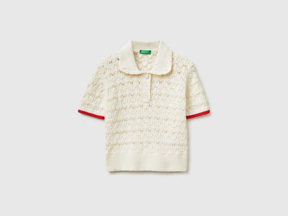 Benetton Creamy White Girls Knitted Polo Shirt SKU: 13KNQ300A_074 Image 01