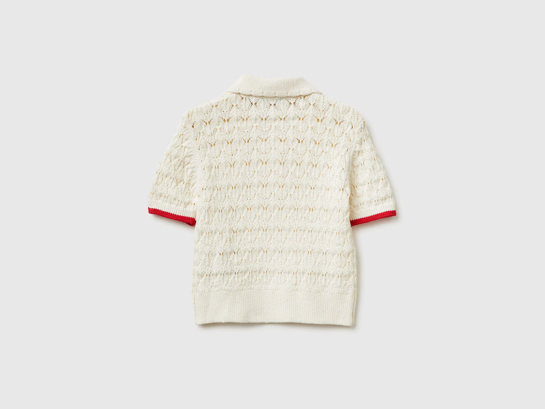 Benetton Creamy White Girls Knitted Polo Shirt SKU: 13KNQ300A_074 Image 02