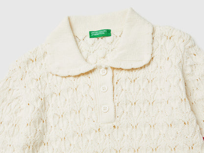 Benetton Creamy White Girls Knitted Polo Shirt SKU: 13KNQ300A_074 Image 03