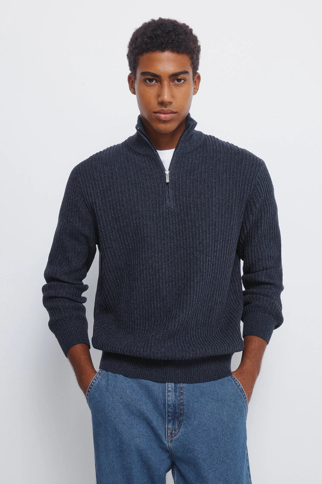 Springfield_blue_Ribbed Zip Fastening Jumper_1402501_11_01