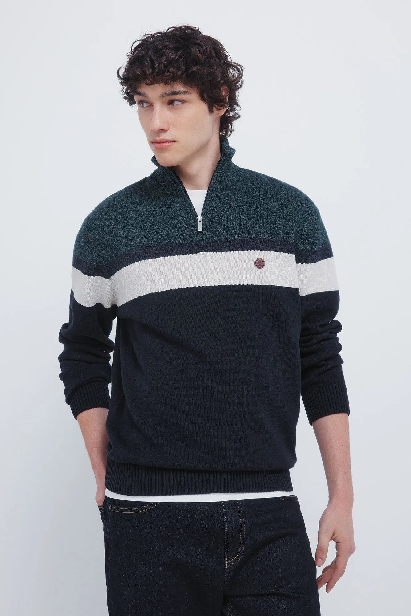 Springfield_Green_Color Block Zip Fastening Jumper_1402528_23_01