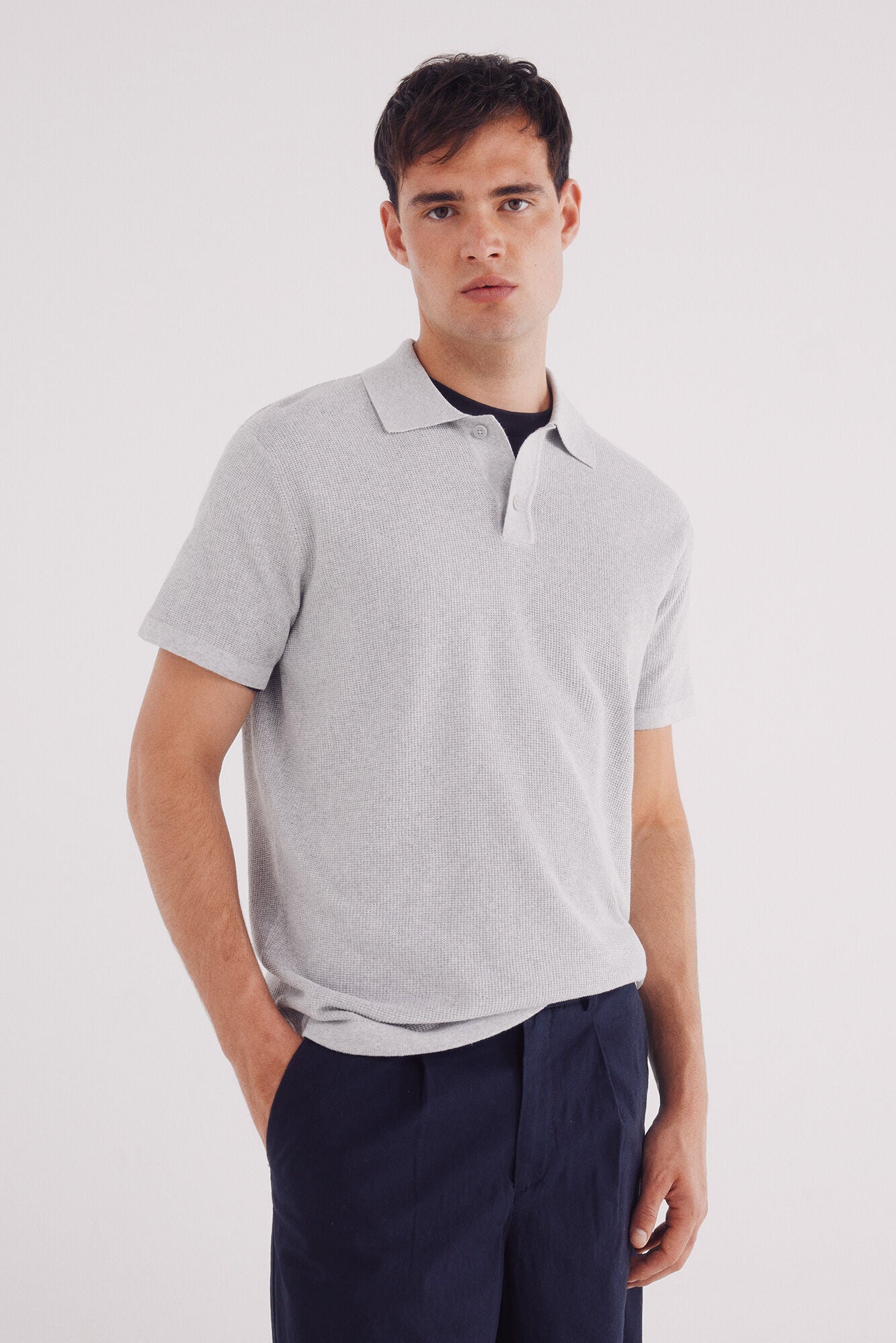 Springfield_Grey_Short Sleeve Jersey with Polo Shirt Neck Structure_1422868_44_01