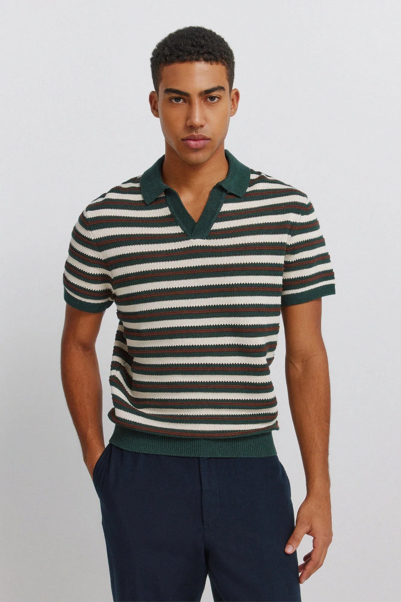 Springfield Blue Men Structured Striped Polo Shirt SKU: 1423131_88 Image 01