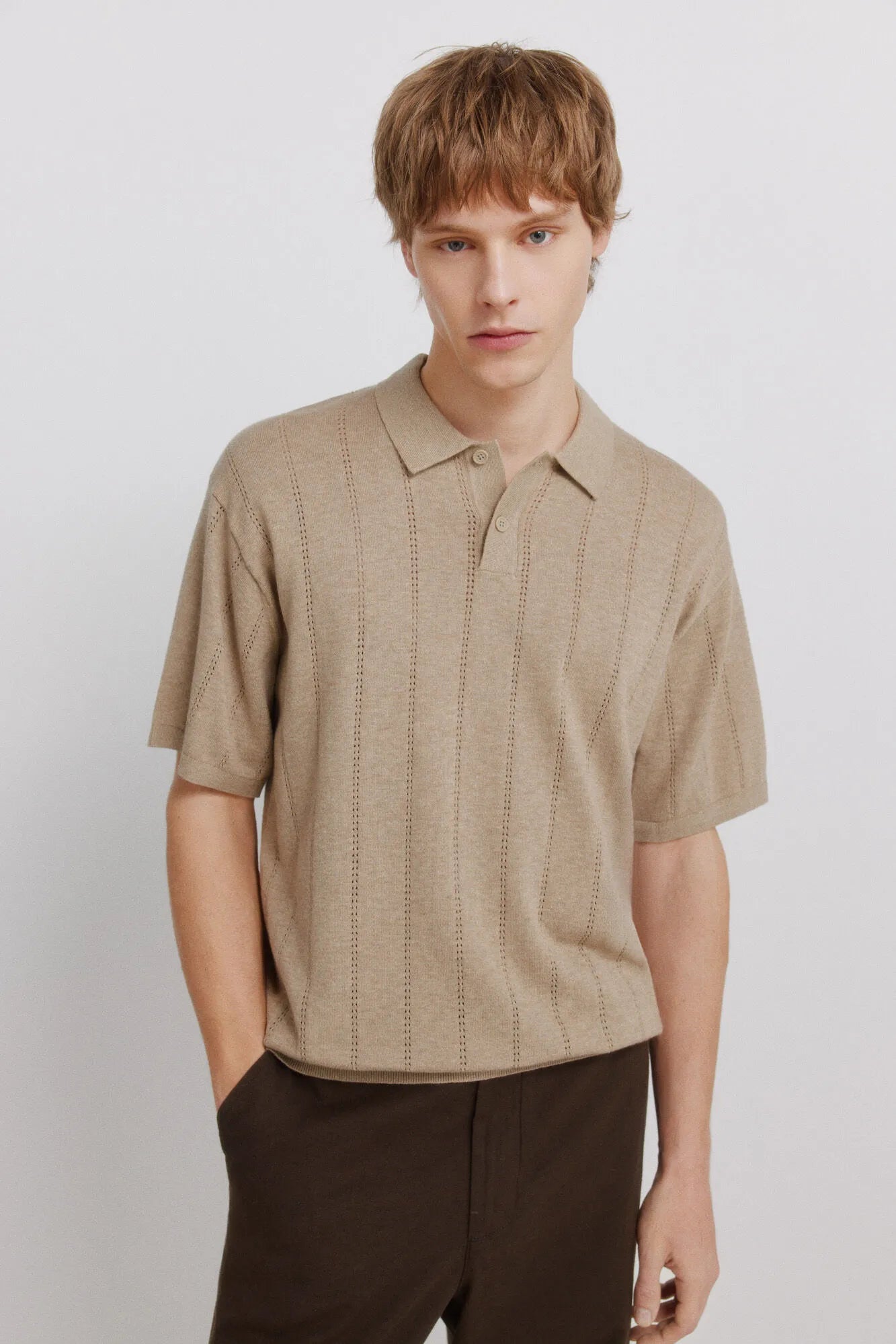 Springfield Brown Men Openwork Detail Polo Shirt SKU: 1423139_35 Image 01