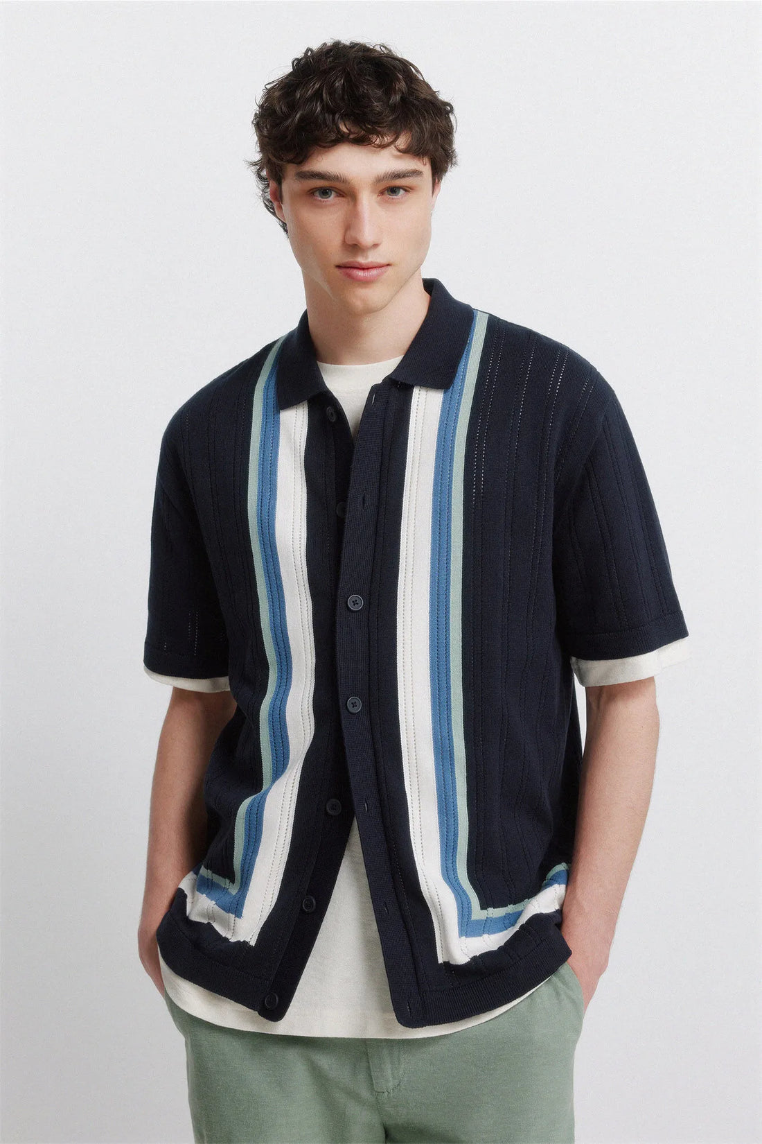 Springfield 0 Men Vertical Striped Short Sleeve Cardigan SKU: 1423160_11 Image 01