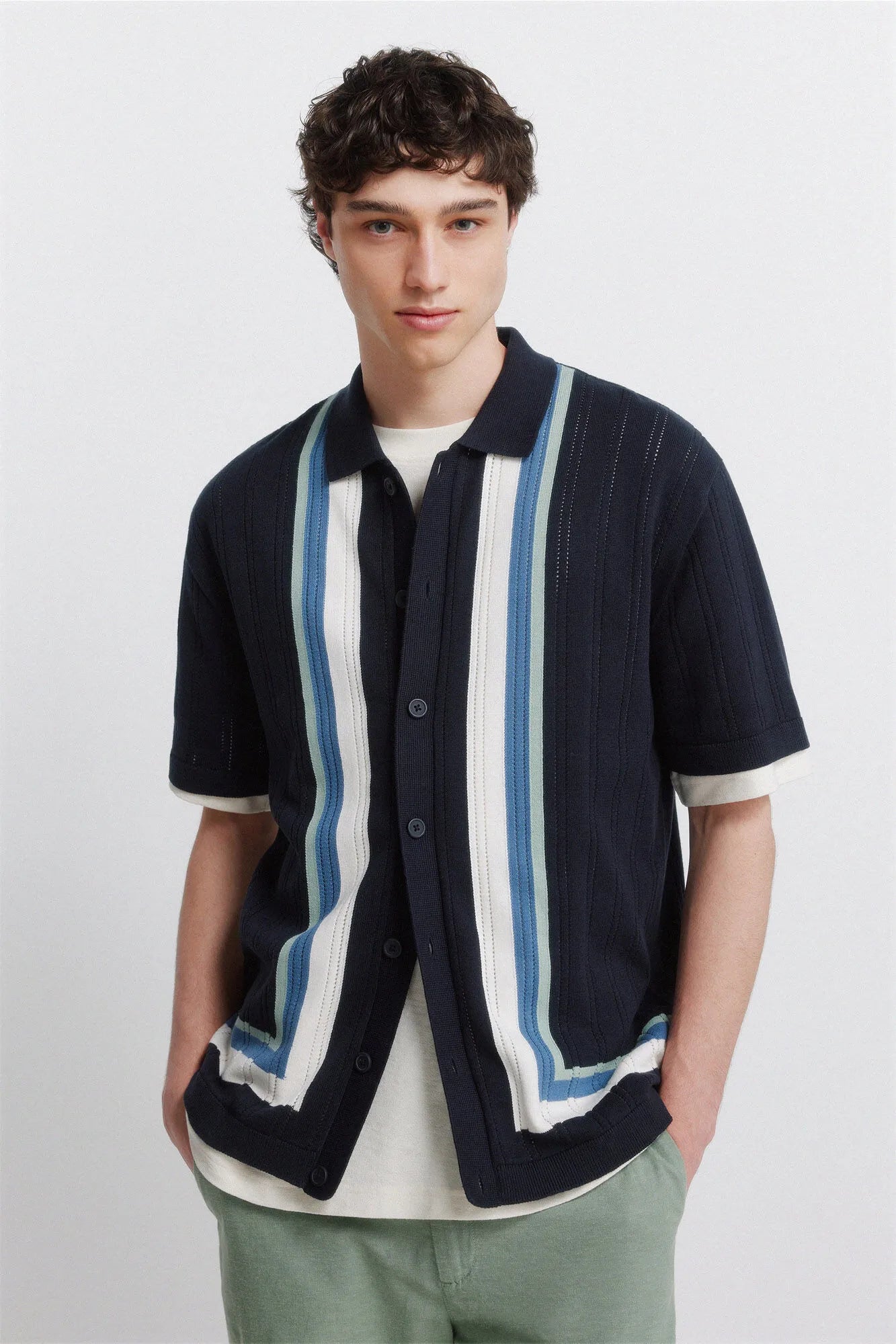 Springfield 0 Men Vertical Striped Short Sleeve Cardigan SKU: 1423160_11 Image 01