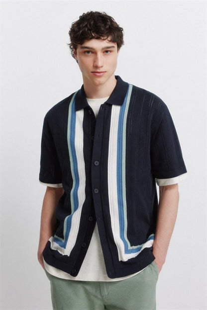 Springfield 0 Men Vertical Striped Short Sleeve Cardigan SKU: 1423160_11 Image 01