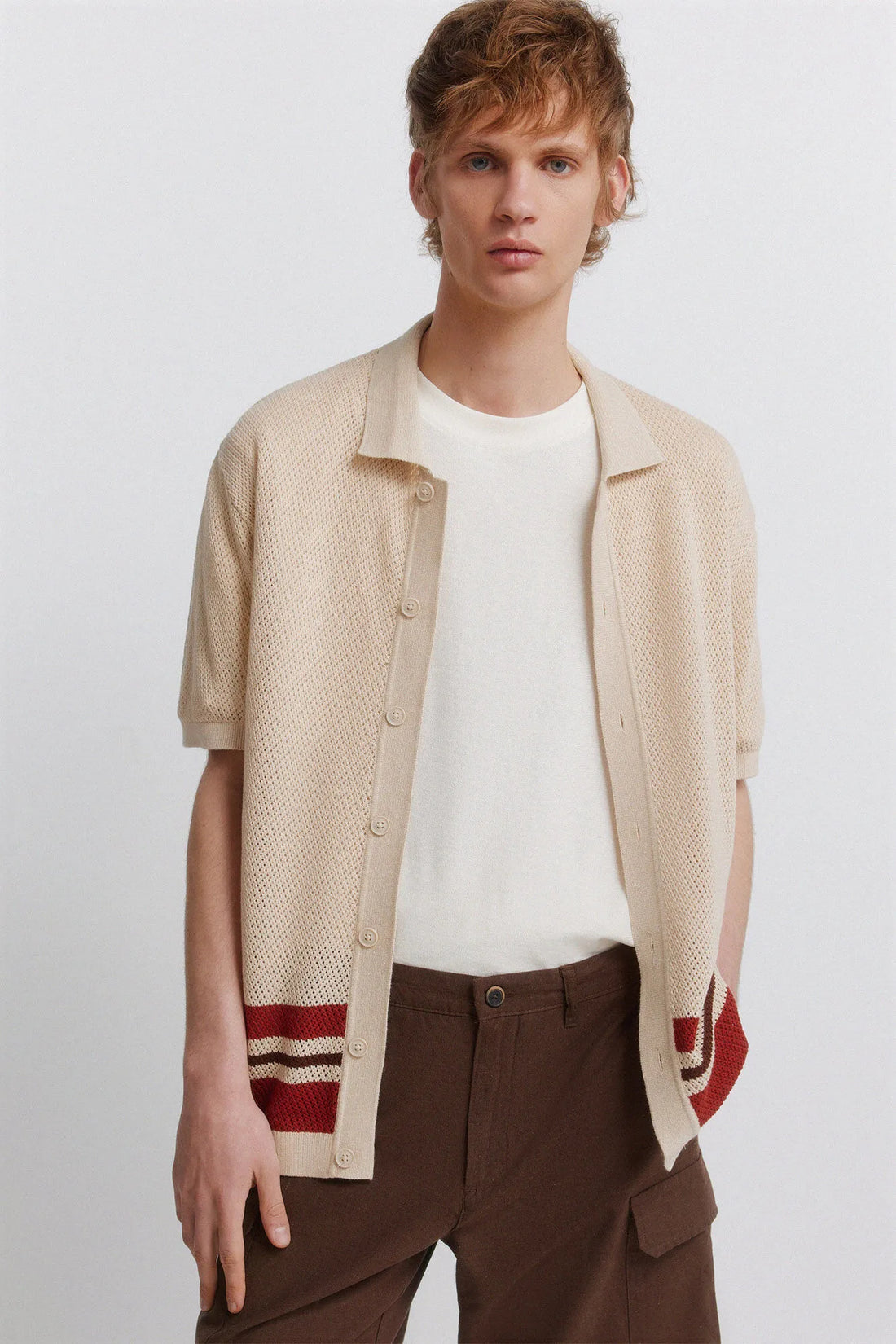 Springfield Beige Men Striped Structure Cardigan SKU: 1423161_51 Image 01