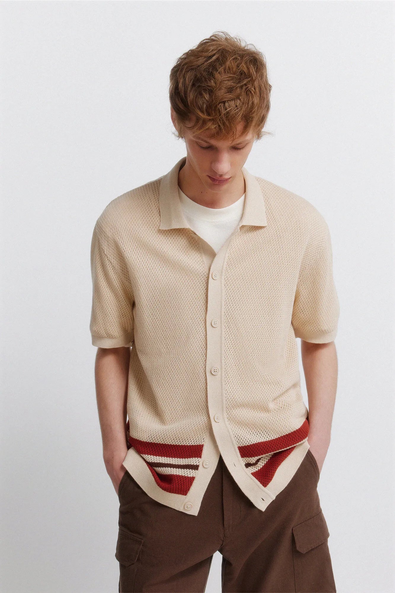 Springfield Beige Men Striped Structure Cardigan SKU: 1423161_51 Image 03
