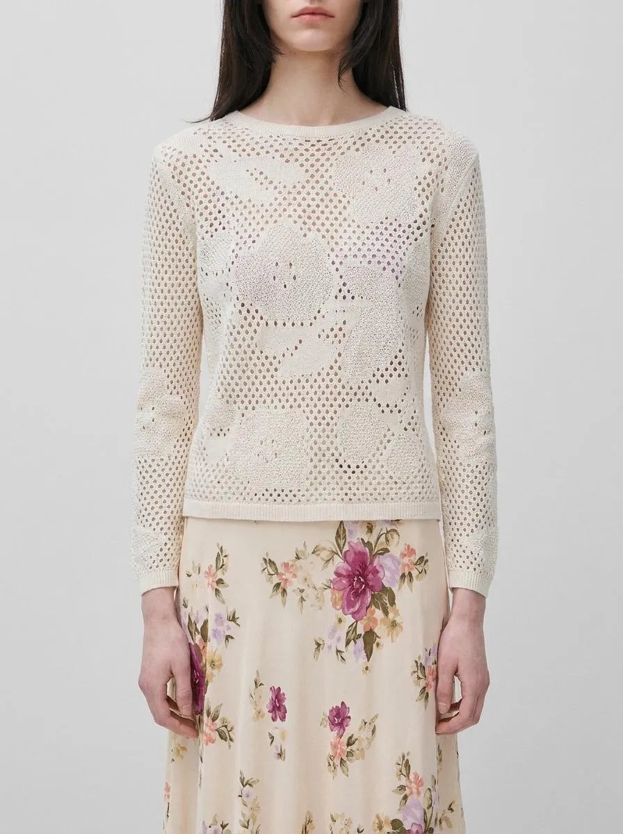 Benetton Creamy White Women Openwork Sweater with Flowers SKU: 16EVD10GP_0R2 Image 00