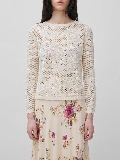 Benetton Creamy White Women Openwork Sweater with Flowers SKU: 16EVD10GP_0R2 Image 00