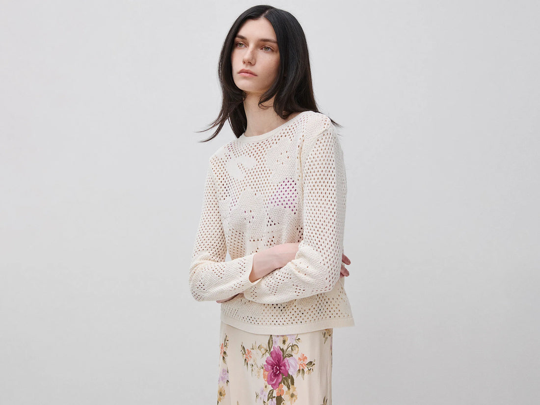 Benetton Creamy White Women Openwork Sweater with Flowers SKU: 16EVD10GP_0R2 Image 01