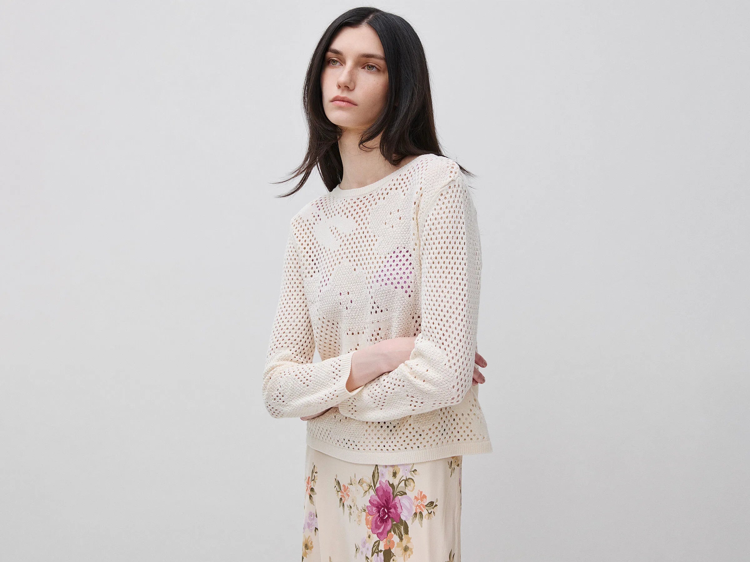 Benetton Creamy White Women Openwork Sweater with Flowers SKU: 16EVD10GP_0R2 Image 01