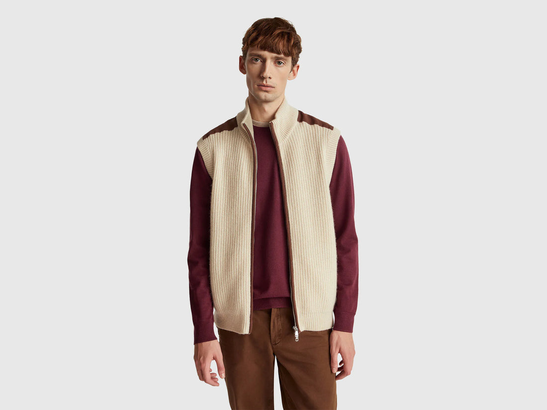 Benetton_Beige_Vest with Zip in Wool Blend_18AYU501A_152_01