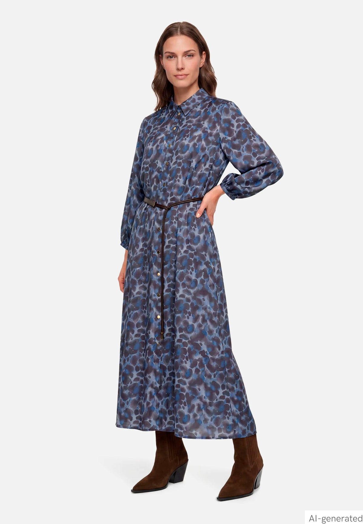 Betty Barclay Blue/Brown Women Shirt Dress with Tie Belt SKU: 1912-1697_8870 Image 02