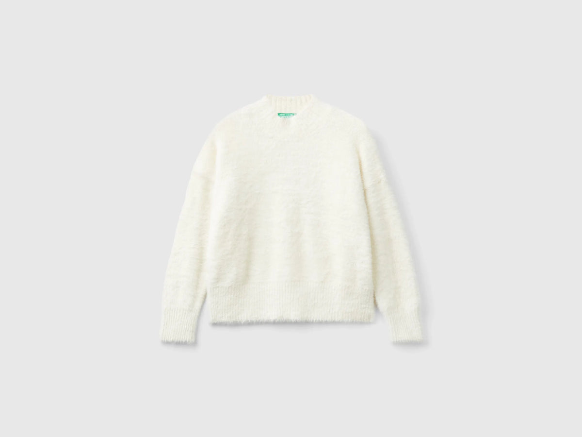 Benetton Creamy White Girls Furry Yarn Sweater SKU: 19BAC200I_0R2 Image 01