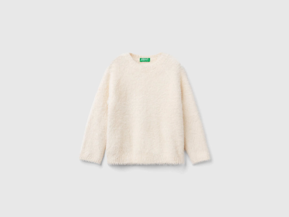 Benetton Creamy White Girls Furry Yarn Sweater SKU: 19BAG100Q_0R2 Image 01
