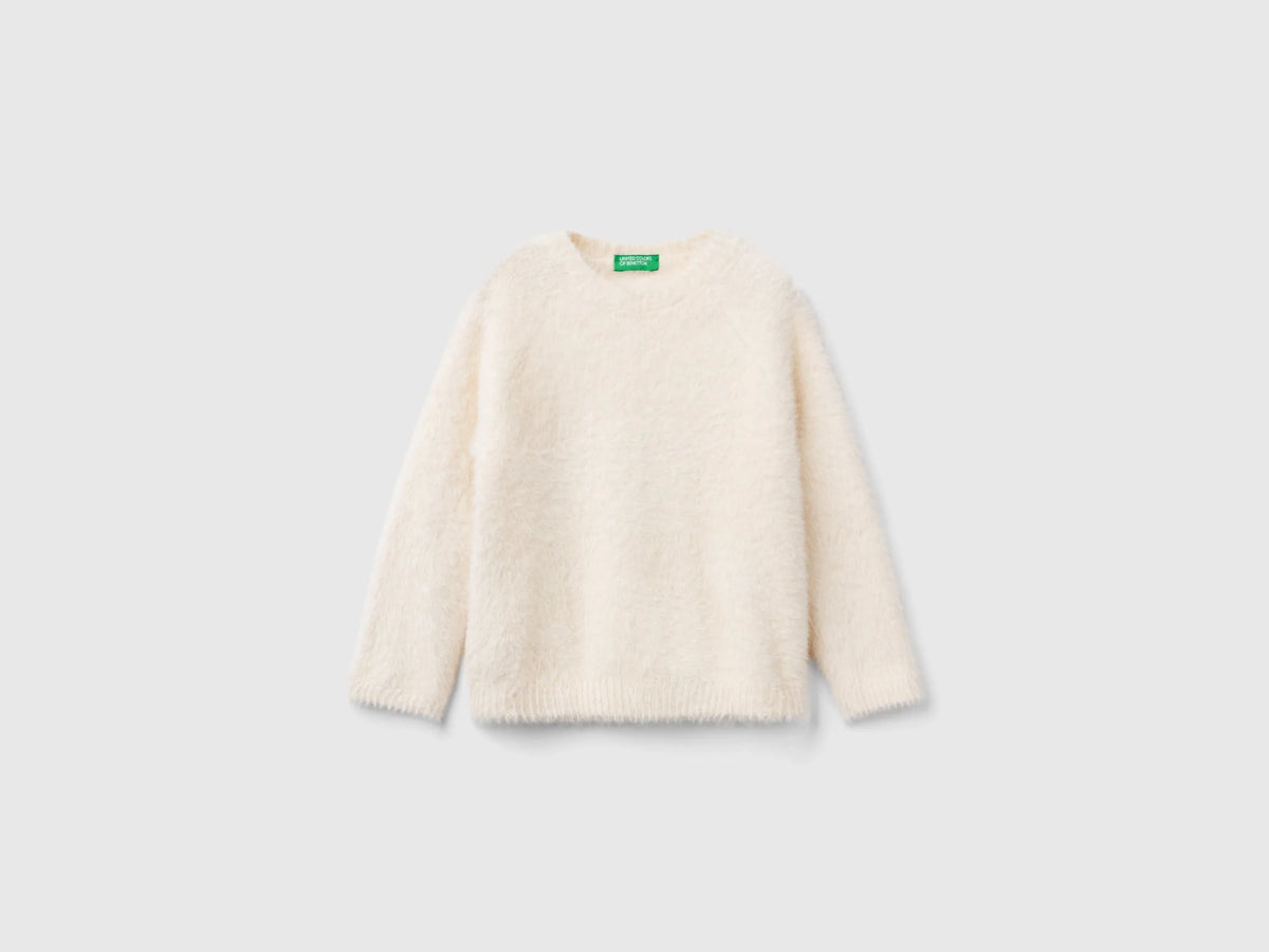 Benetton Creamy White Girls Furry Yarn Sweater SKU: 19BAG100Q_0R2 Image 01
