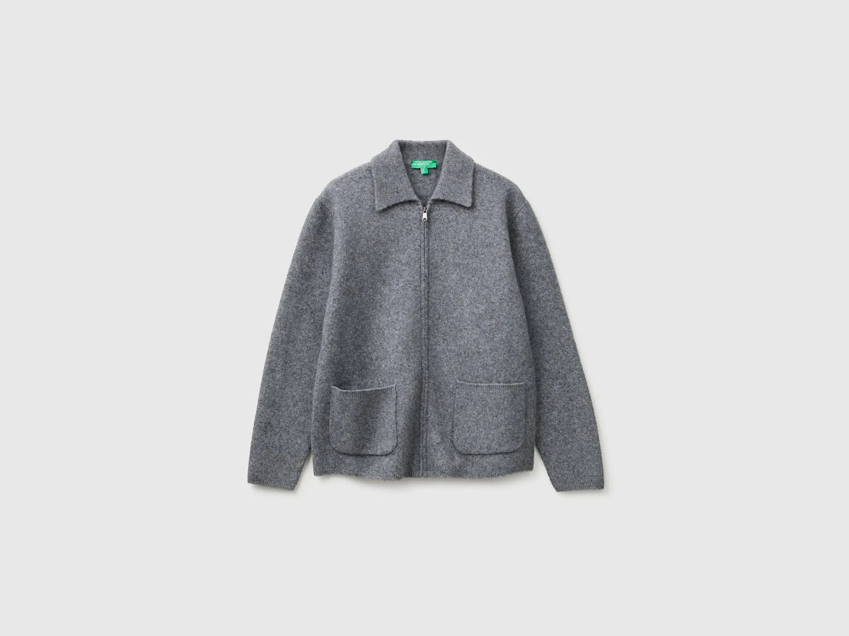 Benetton Dark Gray Men 100% Boiled Wool Jacket with Zip SKU: 19KRU501I_507 Image 01