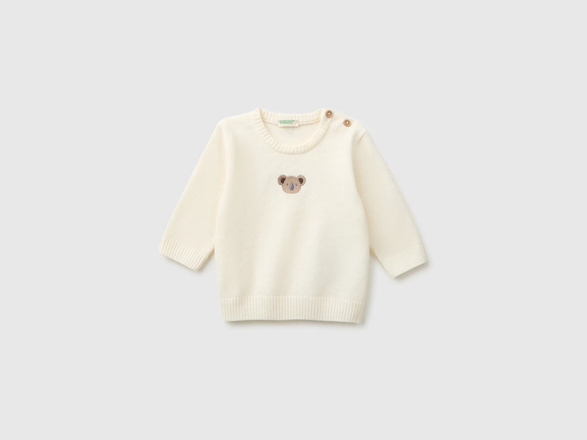 Benetton Creamy White New Born Chenille Sweater with Embroidery SKU: 19MVA101O_0R2 Image 01