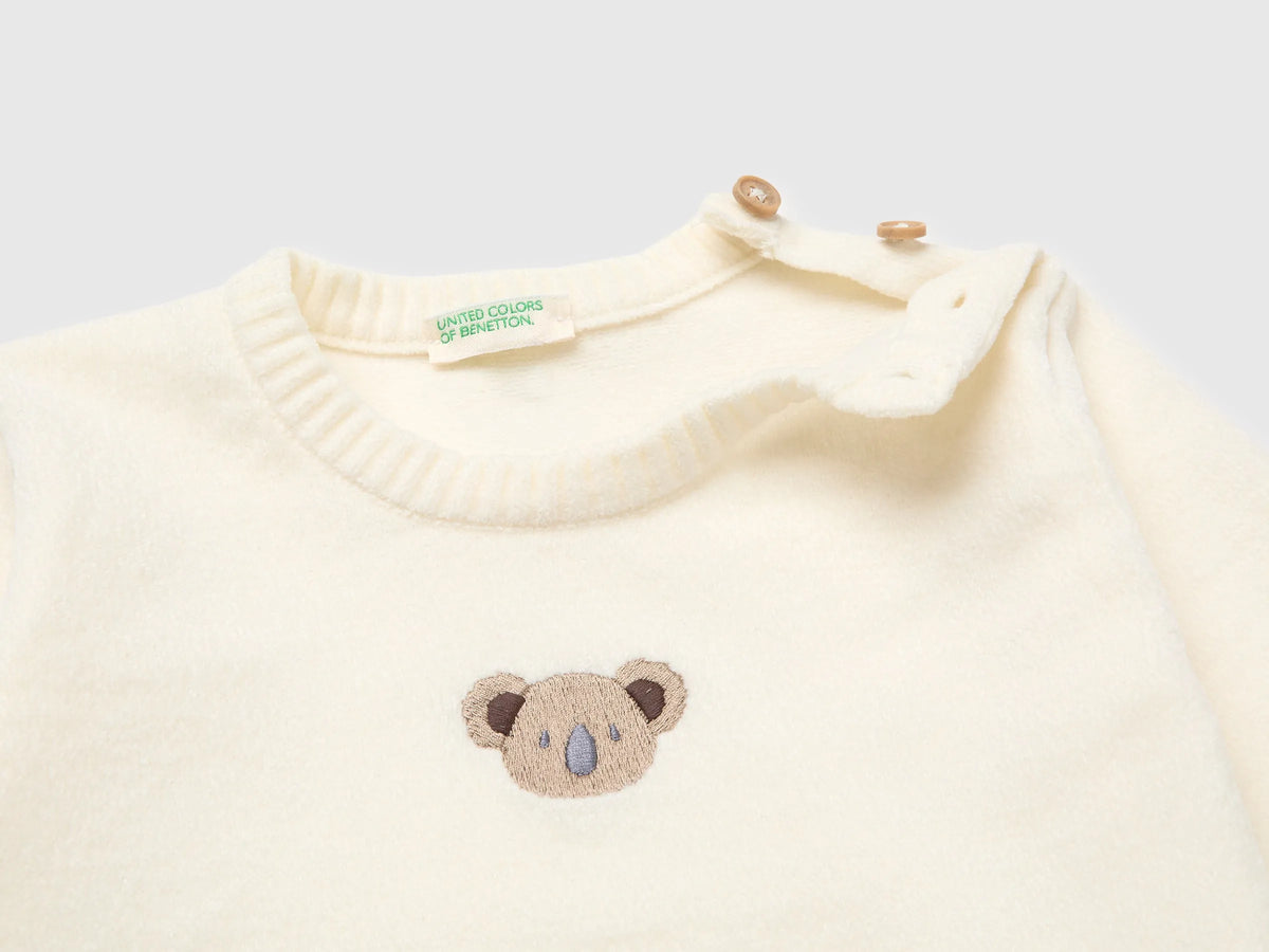 Benetton Creamy White New Born Chenille Sweater with Embroidery SKU: 19MVA101O_0R2 Image 03