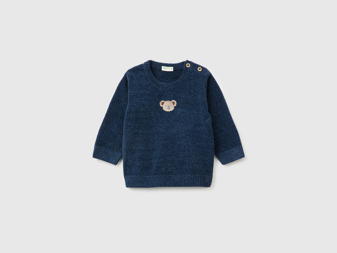 Benetton Blue New Born Chenille Sweater with Embroidery SKU: 19MVA101O_355 Image 01